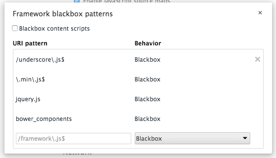 Manage framework blackboxing dialog